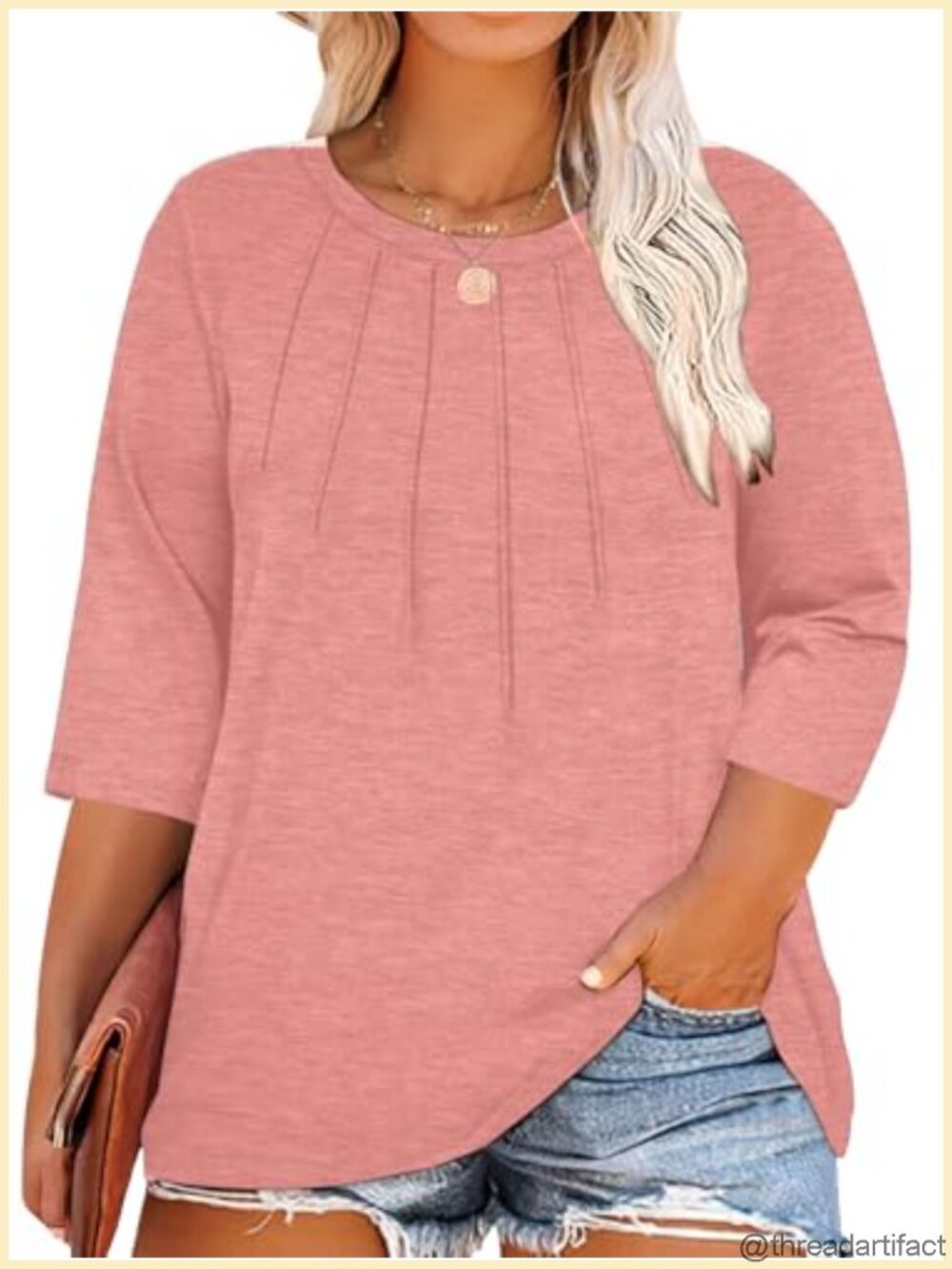 Plus Size 3/4 Sleeve Tunic Top Pleated Casual T-Shirt